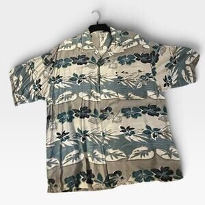Rainforest Cafe Souvenir Rayon Camp Shirt Men's L Blue Gray Tropical Tiki Floral